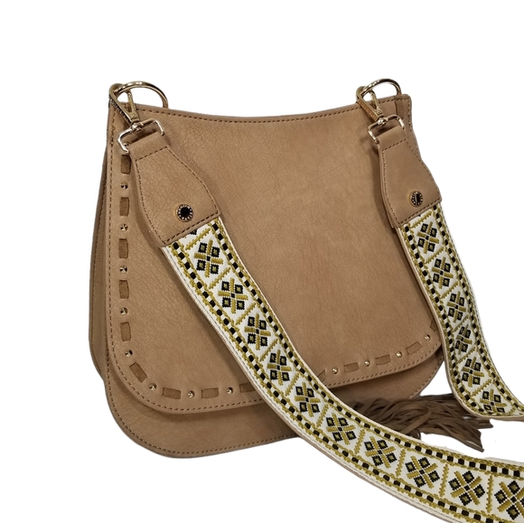 Steve Madden BSwiss Womens Saddle Bag in Tan with Embroidered Guitar Strap - Picture 5 of 12